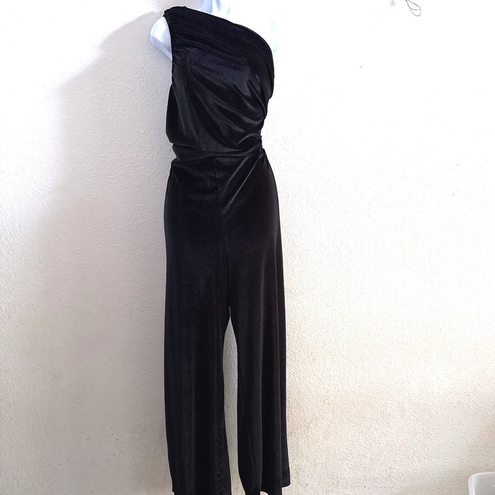 PLT Velvet Jumpsuit 16 Black Glam One Shoulder Wide Leg Dark Witchy Vampy Party